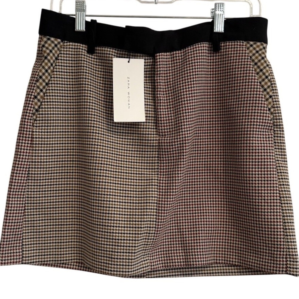 Zara Womens Brown Houndstooth Mini Skirt Black Waistband Belt Loops Pockets Sz M